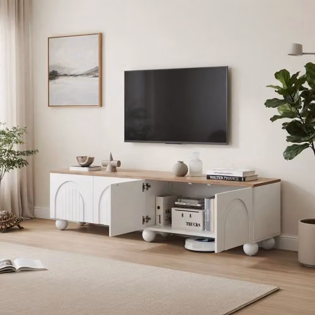 Cassettiera TV KOMHTOM in MDF e metallo, design minimalista, colore bianco e rovere, L: 180 cm, P: 40 cm, H: 45 cm