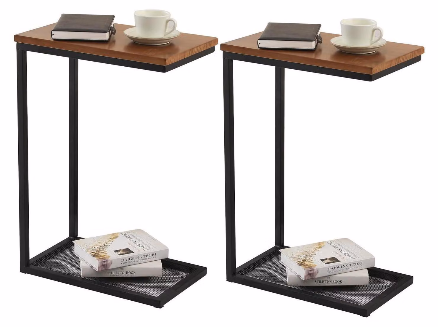 Set di 2 tavolini laterali, tavolino da caffè con spazio contenitore, colore marrone, legno di pino/metallo, dimensioni 28x45x68 cm
