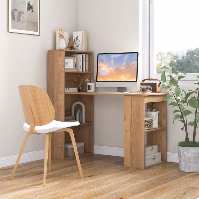 Scrivania per computer Costway con libreria integrata e 6 ripiani, postazione di studio moderna in legno color naturale e beige, larghezza: 122 cm
