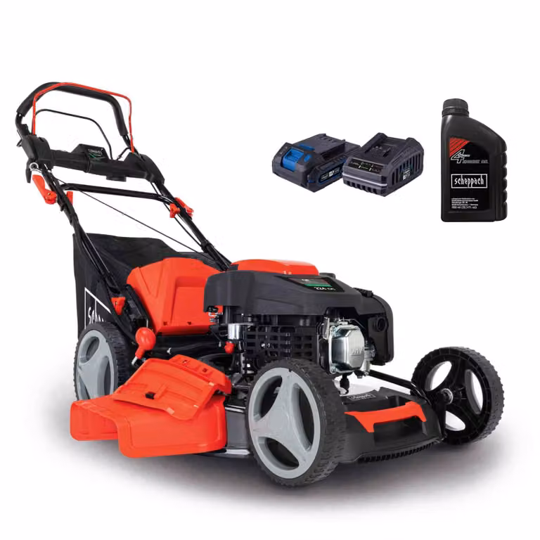 Tosaerba a benzina Scheppach MS225-53E - Avviamento elettrico | Trazione sulle ruote | 6 CV | Larghezza di taglio 53 cm | Contenitore di raccolta da 65 litri | Include olio motore + batteria da 2 Ah + caricabatterie da 2,4 A