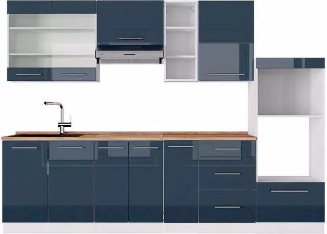 Cucina componibile moderna Fame-Line Vicco Blu scuro lucido e Bianco con dettagli Rovere, L: 280 cm – 1