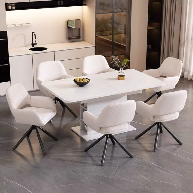 Set da pranzo Minimal composto da tavolo rettangolare allungabile e 6 sedie in tessuto di colore bianco