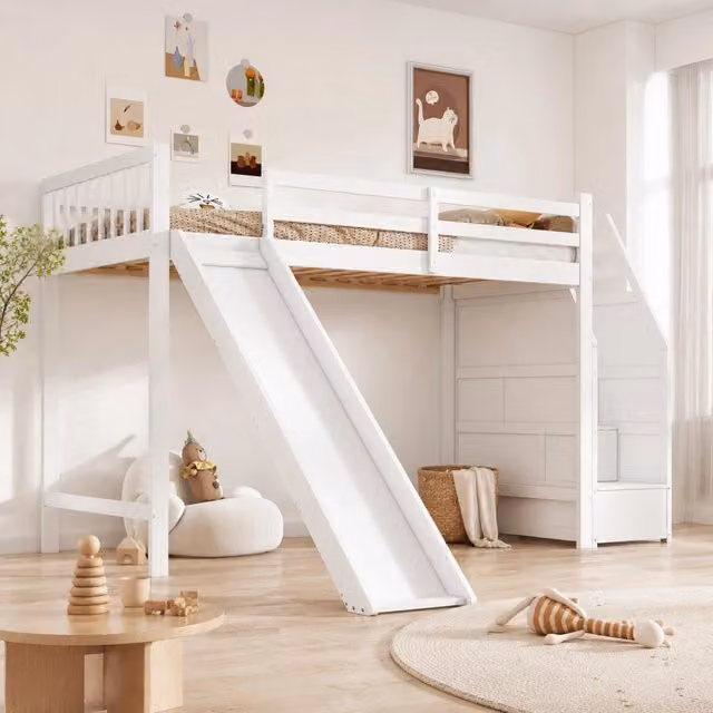 Letto a soppalco per bambini con scivolo e scala contenitore; 90 x 200 cm; pino e MDF; bianco