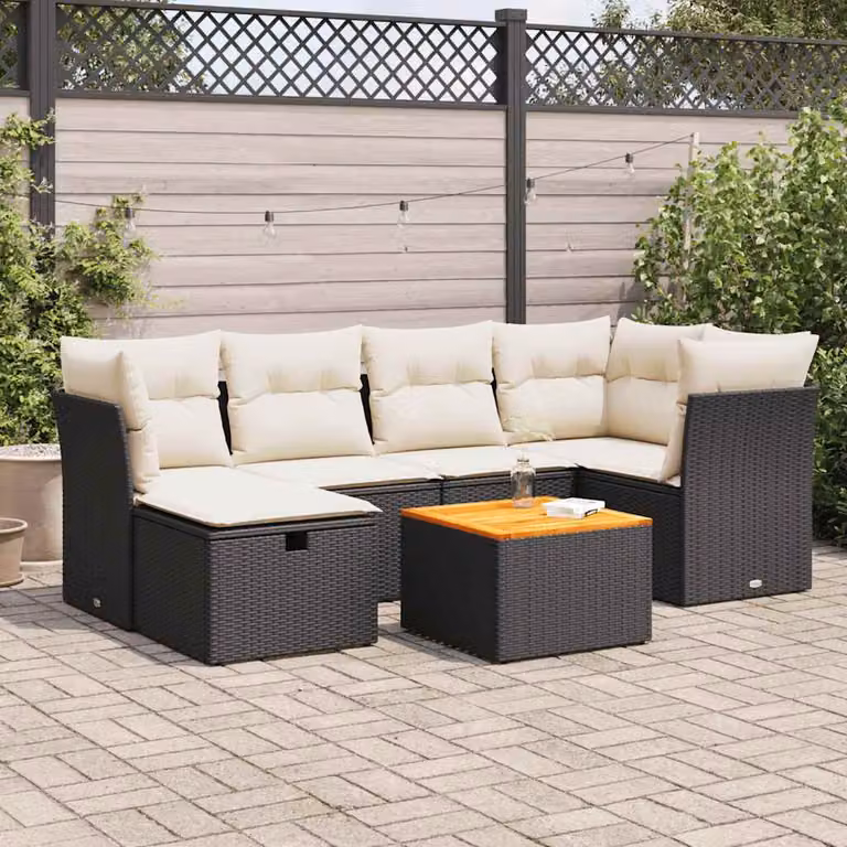 Set Divano da Giardino a L vidaXL in Polyrattan con 7 Pezzi e Cuscini, Nero