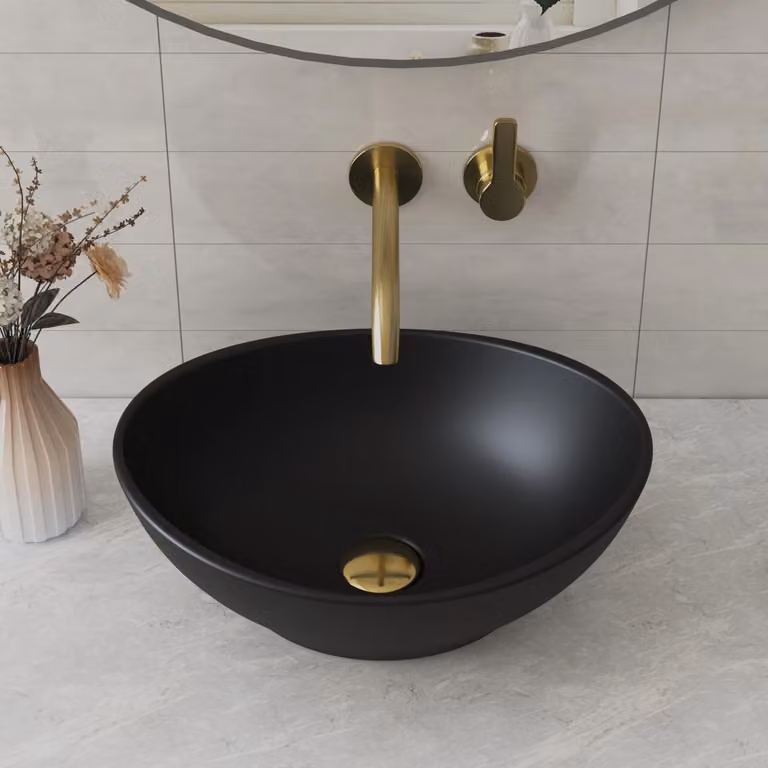 Lavabo – Lavabo da appoggio – Vetroceramica – Forma ovale – Senza troppofilo – Senza foro per rubinetto – 40 x 33 x 14,5 cm – Nero