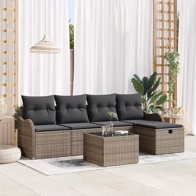 Set Divano da Giardino a L vidaXL in Poly Rattan con Cuscini e Tavolino, 6 Pezzi