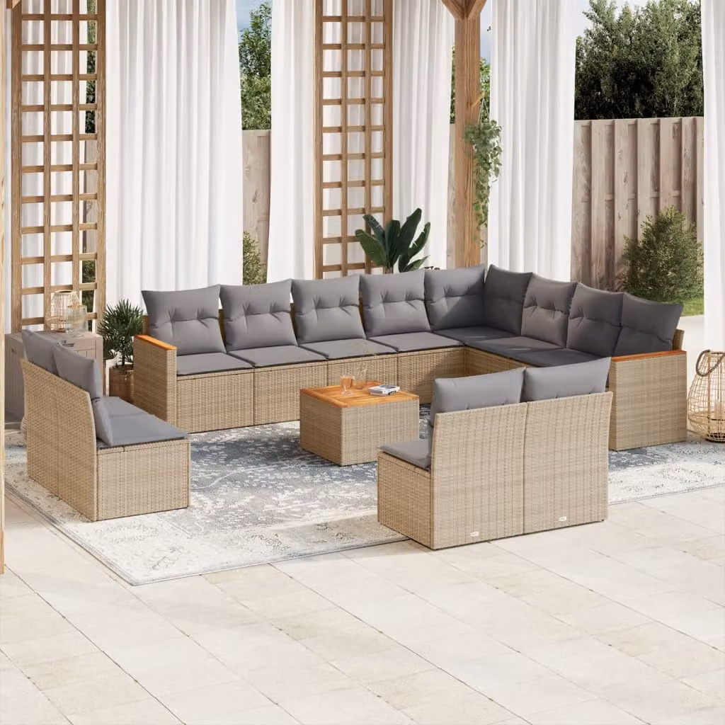 Set Divano da Giardino vidaXL 13 pz in Polyrattan con Cuscini Beige e Tavolino da Caffè – 1