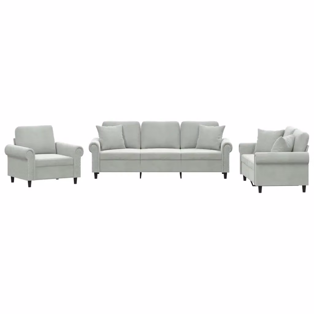 Set di divani 3 pezzi vidaXL in velluto grigio con cuscini per soggiorno – 2