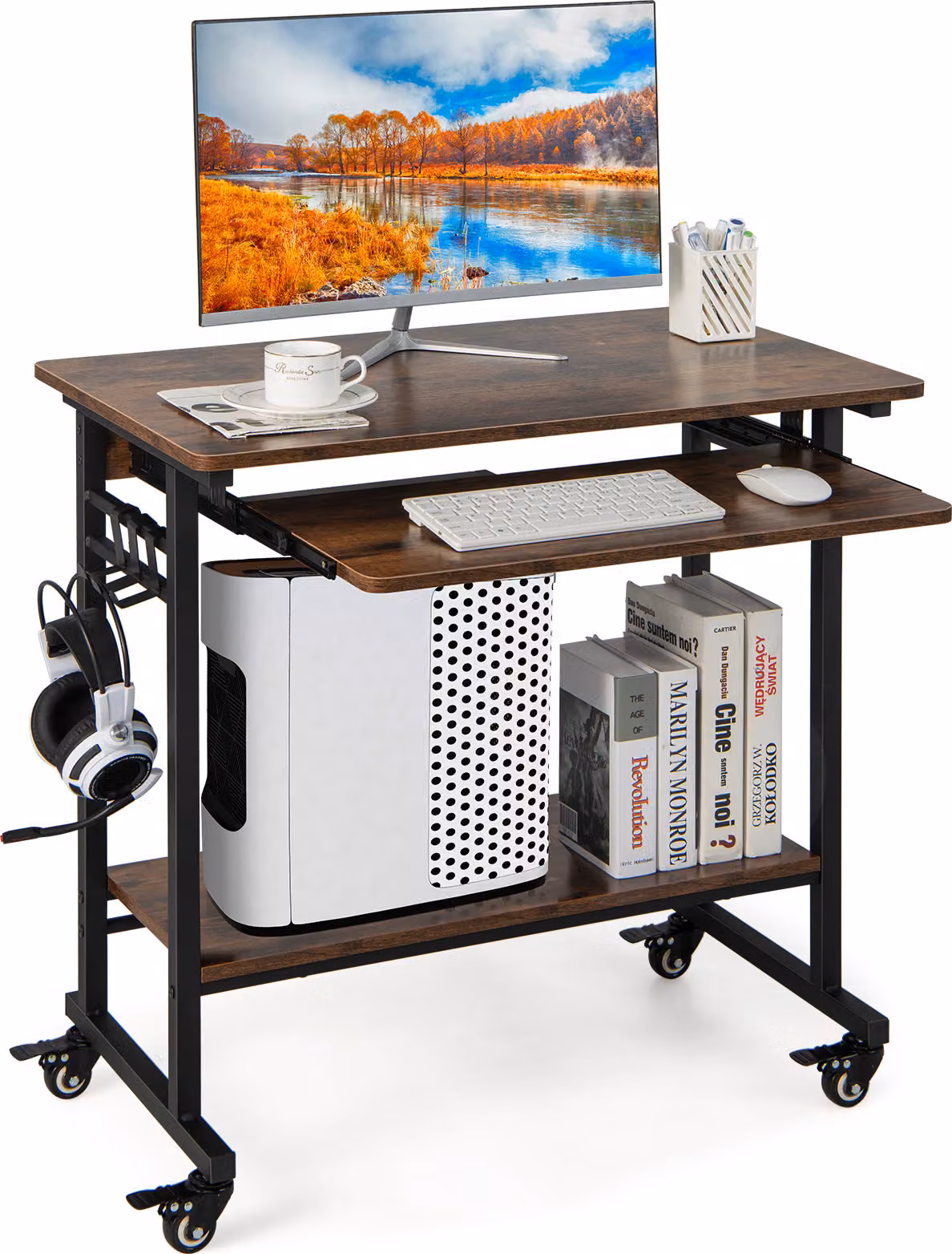 Scrivania COSTWAY con rotelle, vassoio per tastiera, scrivania salvaspazio per computer Tavolo per PC con ripiano sottostante e ganci, tavolo industriale per laptop per l'ufficio di casa, marrone vintage