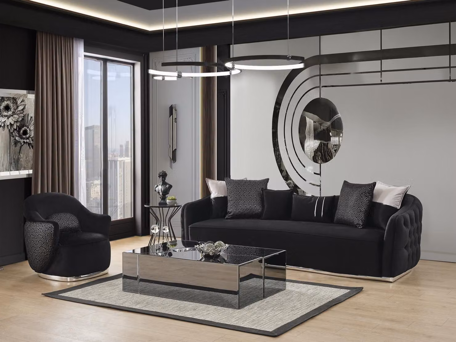 Sofagarnitur Sofa 4 Sitzer Sessel Viersitzer Stoff Schwarz Polyester