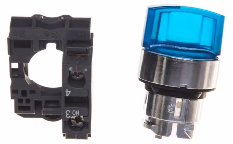 Selettore luminoso Schneider Electric, elemento frontale, Harmony XB4, metallo, 22 mm, blu, per LED universali, 3 posizioni, blocco in posizione centrale ZB4BK1563