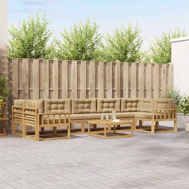 Set di divani da esterno a L con tavolino vidaXL in legno di acacia, colore bianco e beige, composto da 6 pezzi con cuscini inclusi