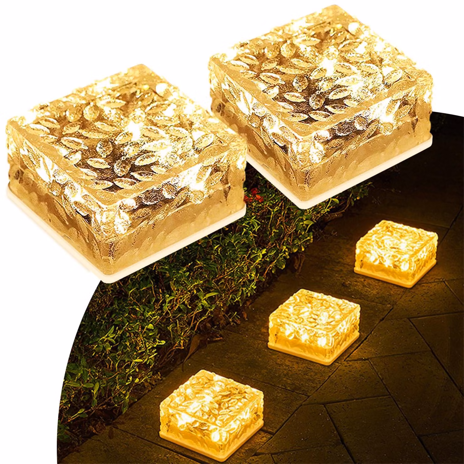 Set di 2 pavimentini solari in vetro, luce bianco caldo, impermeabili, dimensioni 105x105x55 mm