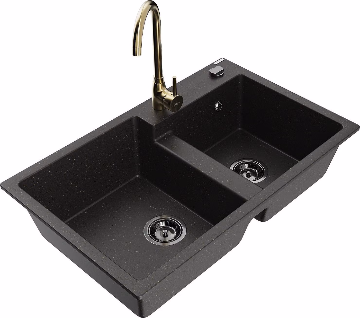 Mexen Tomas lavello da cucina in granito a 2 vasche con miscelatore Telma, nero/oro metallizzato - 6516-75-670200-50-B