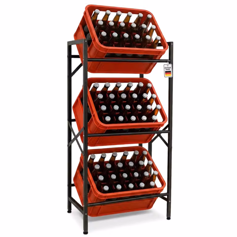 Portabottiglie Roxlin per 3 casse – Scaffale in metallo robusto per casse di birra e acqua, supporto salvaspazio per bottiglie, ideale per cucina, cantina e dispensa