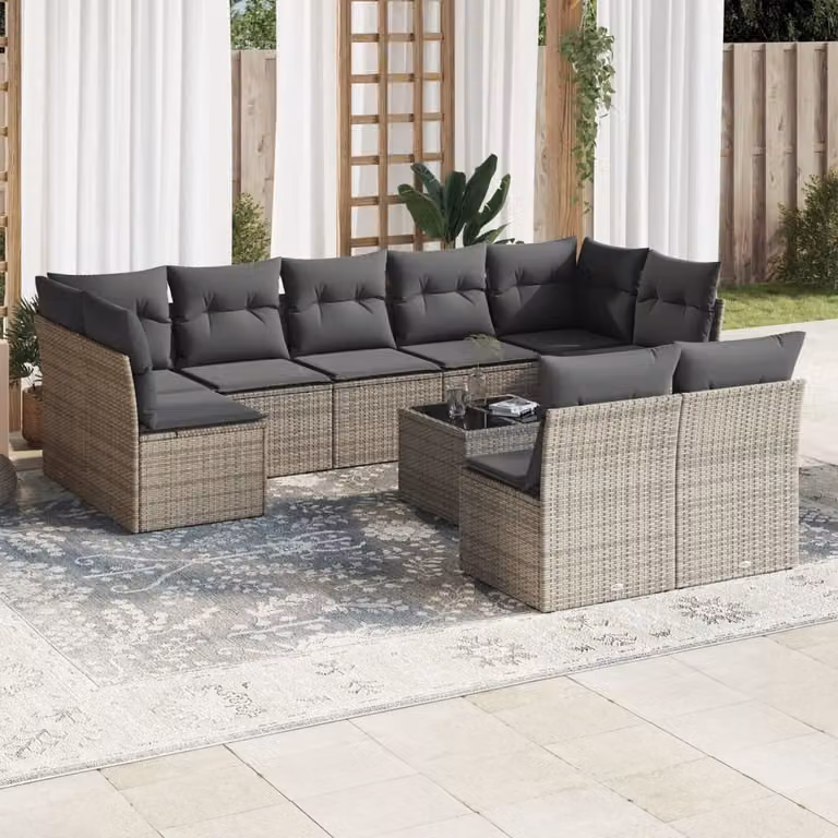 vidaXL Set Divano da Giardino 10 pz in Polyrattan Grigio con Cuscini e Tavolino da Caffè