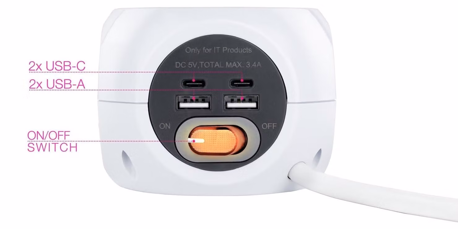 Ciabatta multipresa con 4 porte USB e un interruttore per una facile gestione