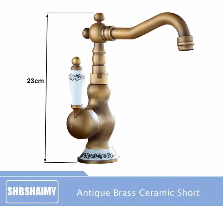 Rubinetto per lavabo in ottone anticato - Miscelatore monoforo - Monocomando - Orientabile a 360° - Corpo in ottone e cartuccia in Vetroceramica - Modello ribassato - Bianco