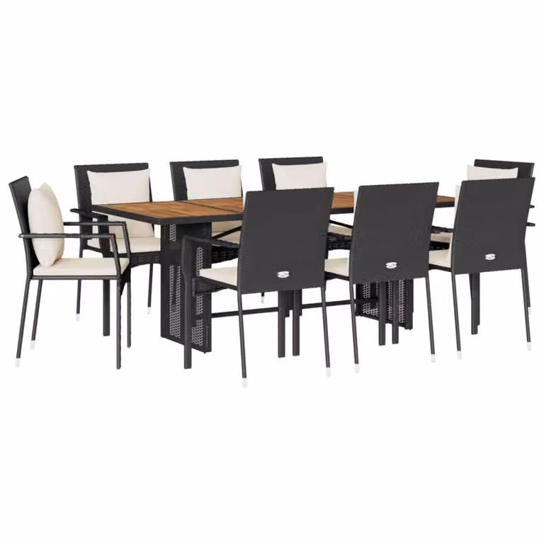 Set da Pranzo da Giardino 9 pz con Cuscini Nero in Polyrattan