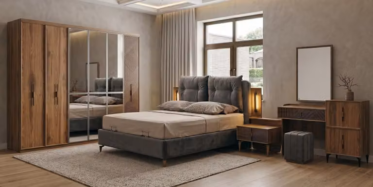 Set di mobili da camera da letto marrone: letto, testiera, armadio, comò da trucco