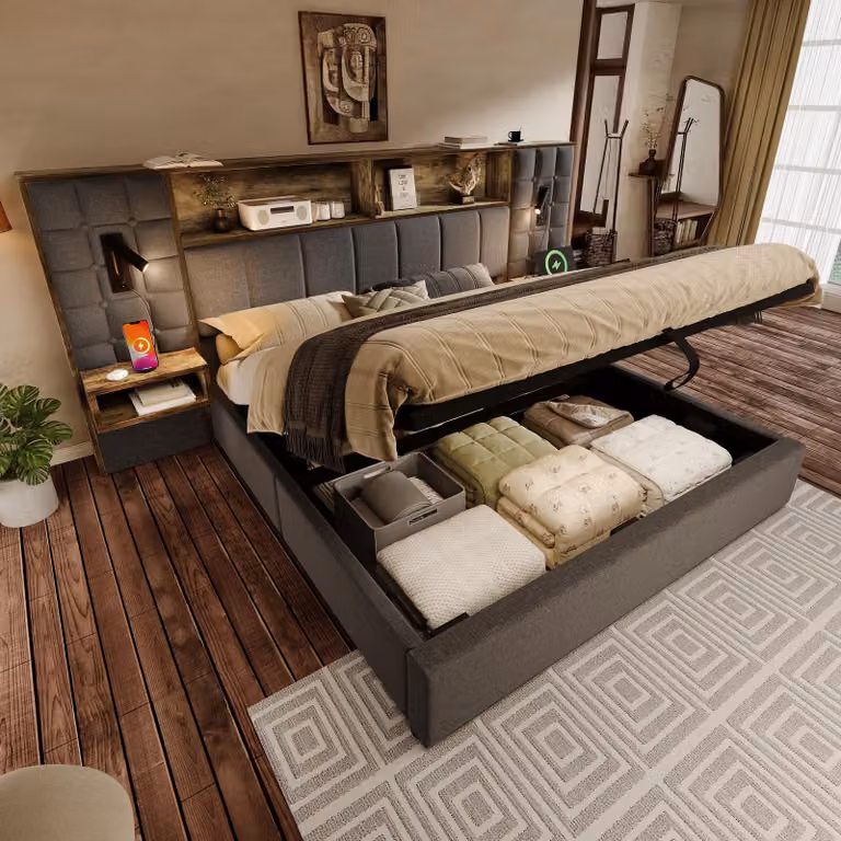 Letto imbottito idraulico Flieks 180x200 cm con comodini sospesi, letto matrimoniale con contenitore, luci di lettura e funzione di ricarica, tessuto in lino, grigio