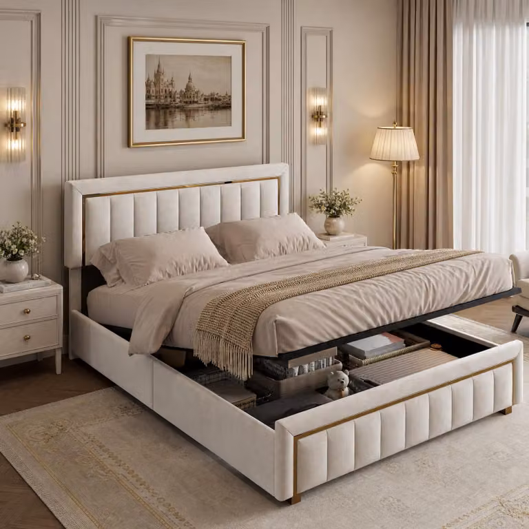 Letto matrimoniale idraulico con contenitore 160x200 cm, con struttura a molle e rete a doghe, imbottito, ideale per giovani, struttura del letto, tessuto velluto, color beige