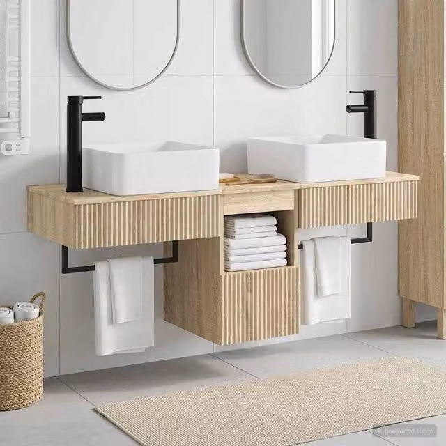 Set di mobili da bagno sospesi vidaXL in legno marrone e beige, design moderno con cassetti e ante, L/P/H: 53 x 35 x 39 cm – 1