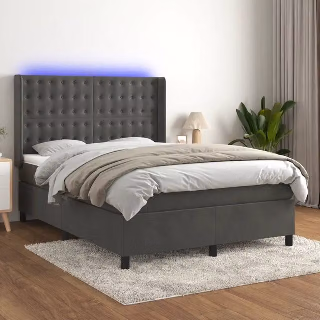 Letto Ibrido con Materasso vidaXL in Velluto Grigio con Illuminazione LED e Porte USB L/P/H: 140 x 200 x 128 cm – 1