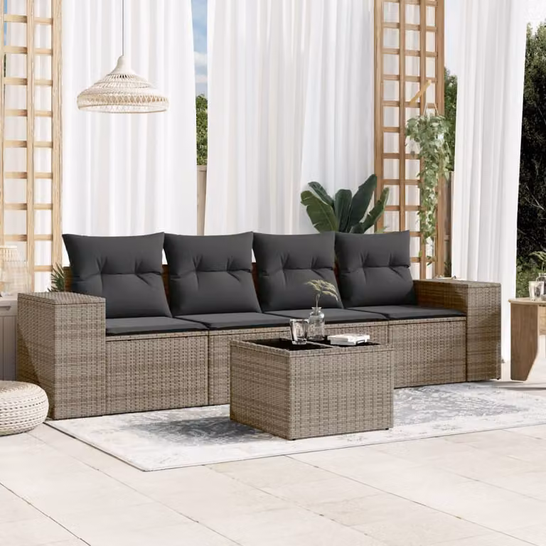 vidaXL Set Divano da Giardino 5 pz in Polyrattan Grigio con Cuscini e Tavolino da Caffè
