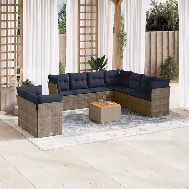 Set di divani da giardino vidaXL in polyrattan grigio con cuscini e tavolino da esterno a forma di U per 10 persone