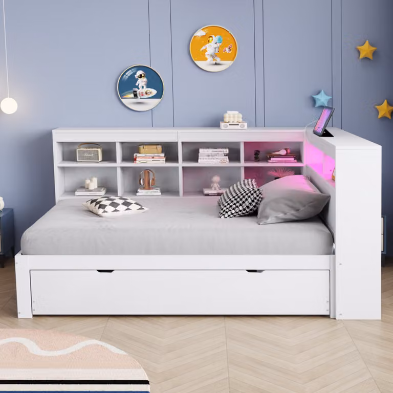 STILVORA Divano letto per ragazzi 90×200 cm, divano letto con presa USB, vano portaoggetti e luce a LED, letto estraibile, bianco (con materasso)