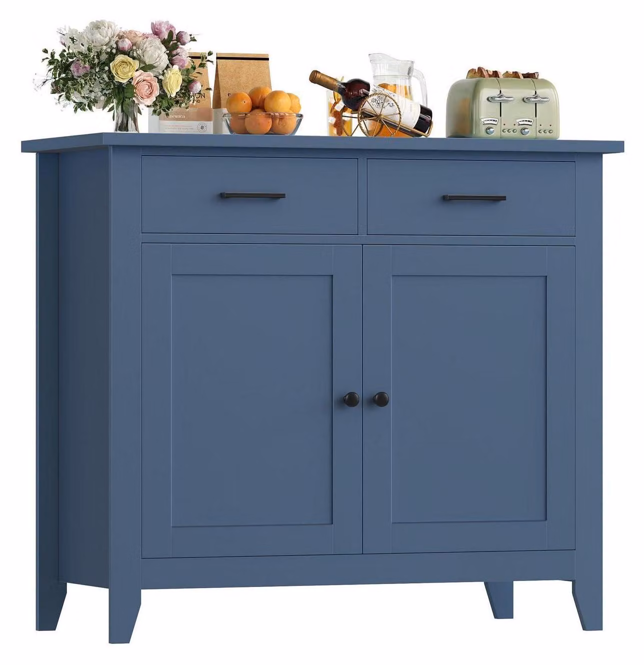 Mobiletto da cucina, credenza con piano di lavoro, 2 cassetti, 2 ante, colore blu, stile rustico, realizzato in legno