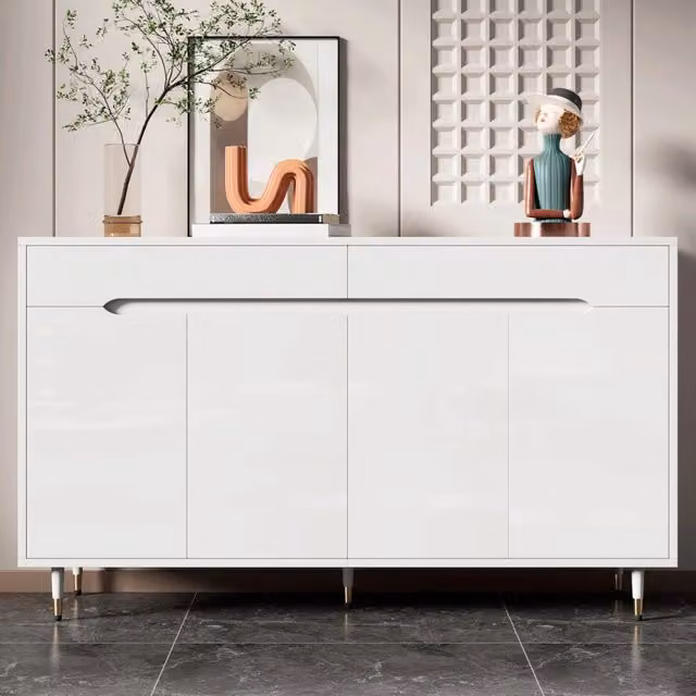 Scarpiera moderna in MDF bianco lucido con cassetti e ante soft-close e gambe dorate L: 140 cm, P: 39 cm, H: 84 cm