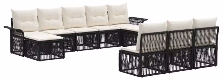 Set da giardino composto da 10 pezzi, colore nero, realizzato in rattan sintetico