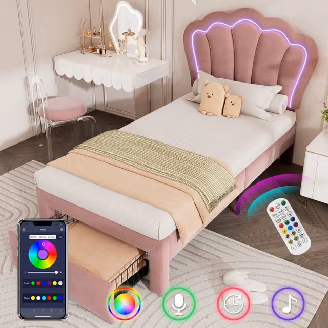 Letto singolo imbottito con testiera regolabile; LED RGBW con app; cassetto e doghe; velluto rosa; 90x190 cm
