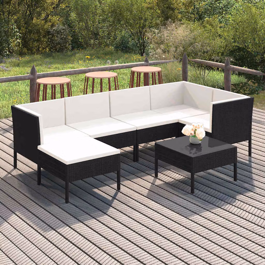 Set Divani da Giardino vidaXL 7 Pezzi a Forma di U con Cuscini, Struttura in Metallo e Polyrattan Nero e Bianco