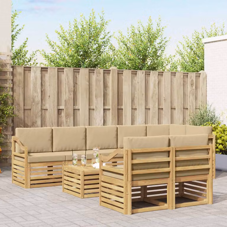 Set di divani da esterno vidaXL 9 pezzi a forma di L con tavolino, in legno di acacia e tessuto resistente ai raggi UV, Bianco, Beige e Marrone