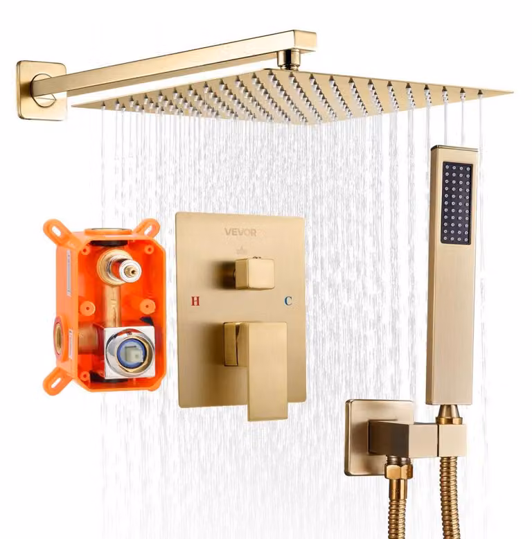 Doccia a soffione da parete - Finitura oro spazzolato, forma quadrata - Diametro 305 mm
