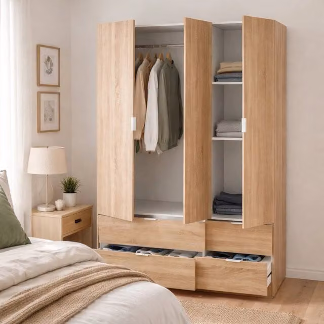 Armadio Ababala DMORA per camera da letto con 3 ante e 2 cassetti, Rovere, L: 135 cm, P: 52 cm, H: 200 cm