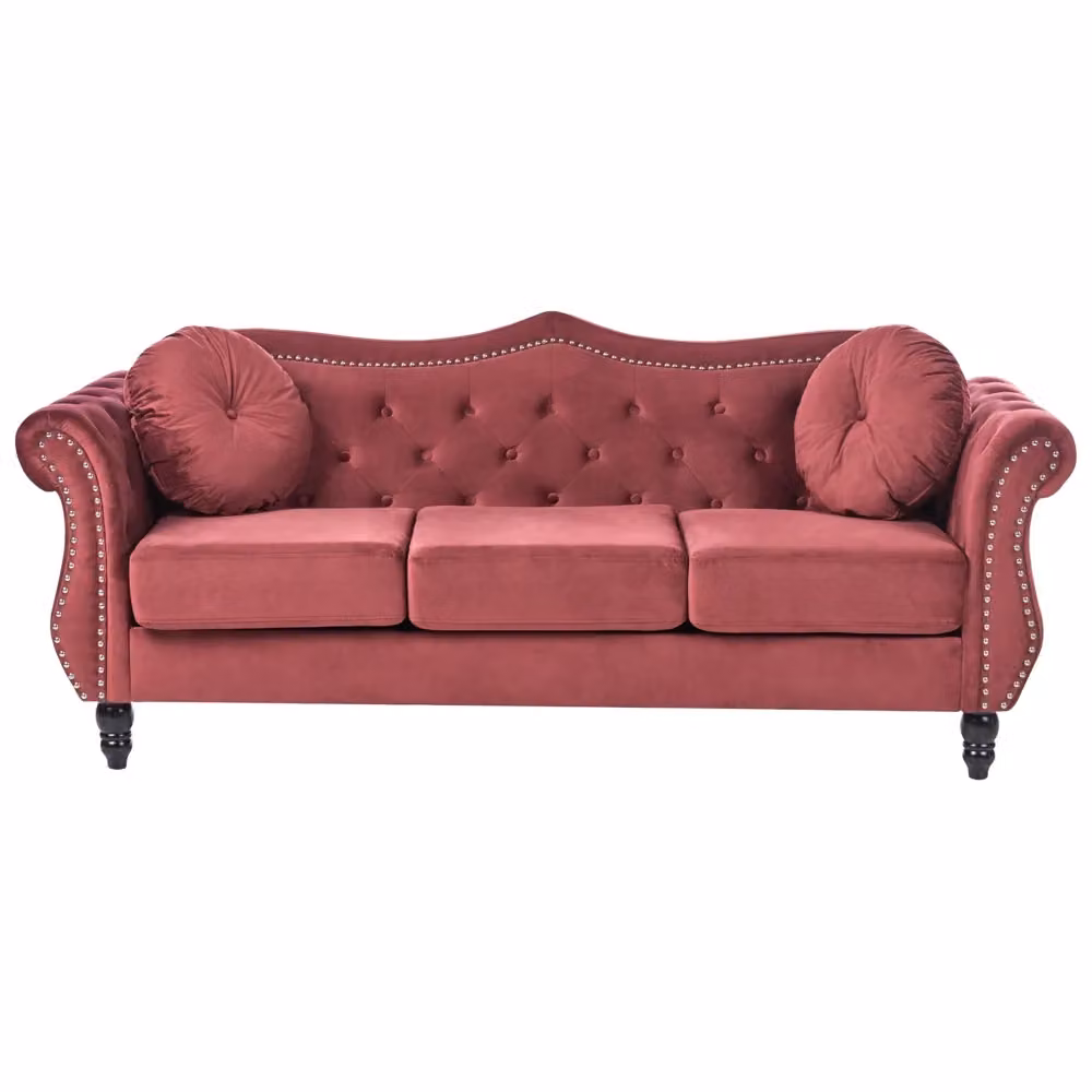 Set soggiorno Beliani in velluto rosso composto da divano a 2 e 3 posti in stile Chesterfield con struttura in legno di pino e cuscini coordinati – 2