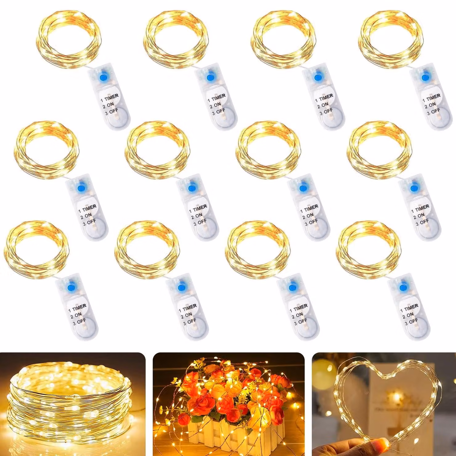 Catena luminosa a LED, set da 12, lunghezza 2 metri, 20 LED, luce bianco caldo, con timer, impermeabile