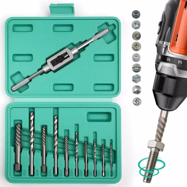 Set di cacciaviti da 10 pezzi, a passo sinistro, per viti M3-M18, con custodia, ideale per viti danneggiate