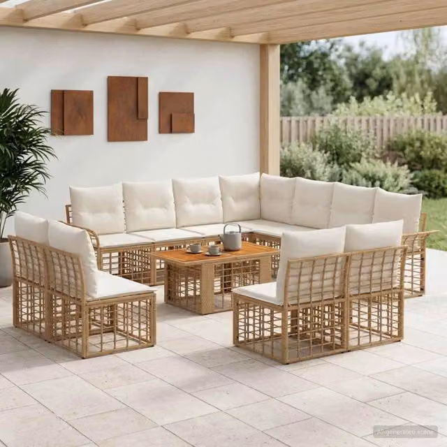 Set Divano da Giardino 12 pz Naturale e Bianco Crema polyrattan 3437990