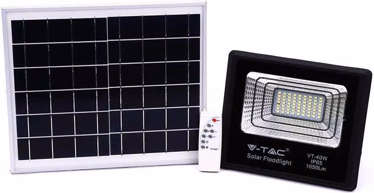 V-TAC VT-40W Faro led 40W autoalimentato nero con pannello solare 16W e telecomando 4000K IP65 – sku 8574