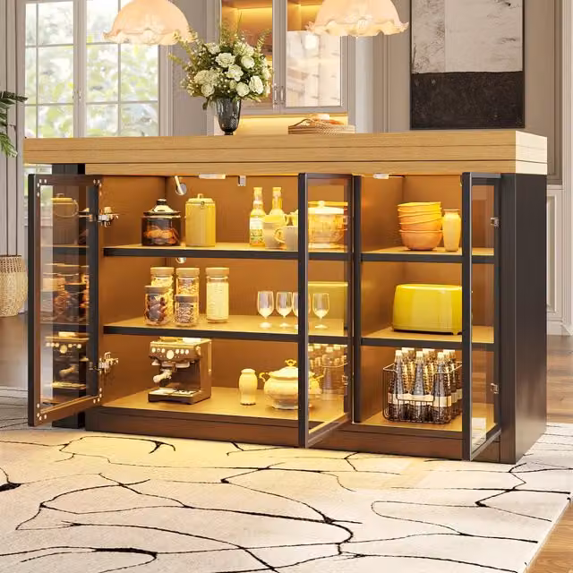Tavolo allungabile con mobile laterale, LED e piano girevole a 360° per cucina, in MDF e vetro, nero, 120 × 40 × 72 cm