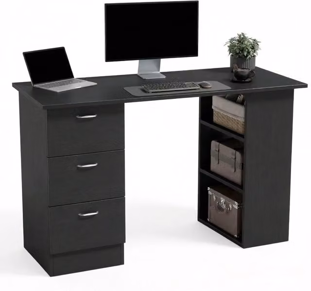 Scrivania lineare Chicfurn con 3 cassetti e 3 ripiani reversibili in MDF nero L/P/H: 120 x 49 x 72 cm