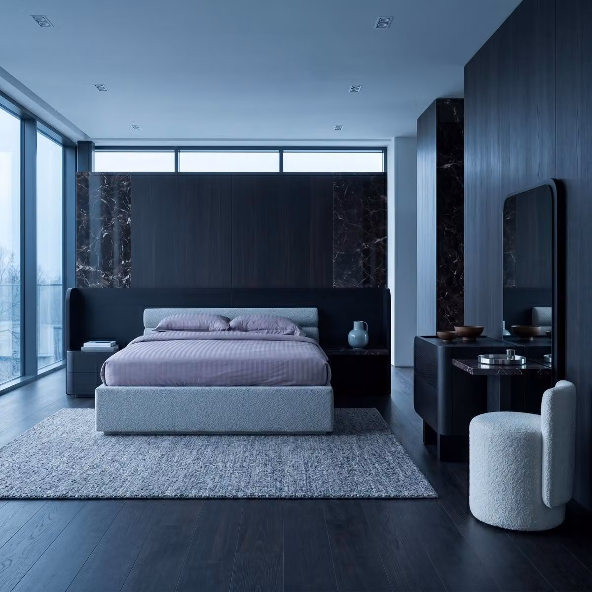 Set per camera da letto moderno, nero e bianco, elegante, completo di letto e comò