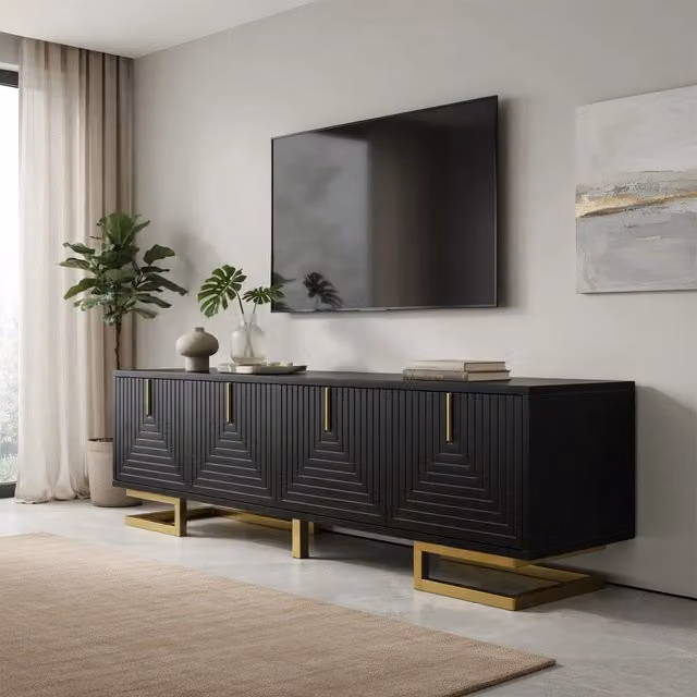 Cassettiera TV moderna KOMHTOM nera con finitura opaca, L: 160 cm, P: 38 cm, H: 44,5 cm
