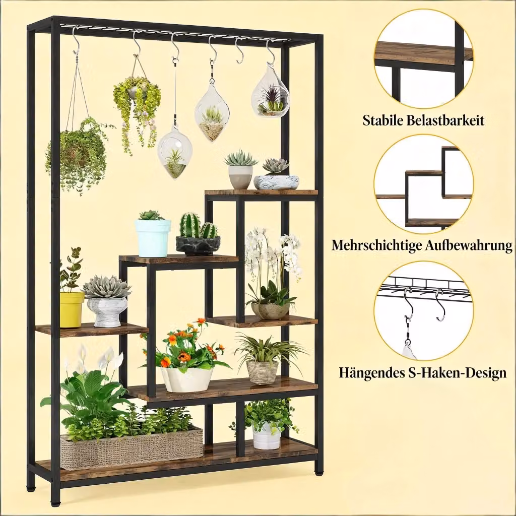 Portafiori REDOM con 7 ripiani in metallo e legno, stile rustico, Nero/Marrone opaco – 2