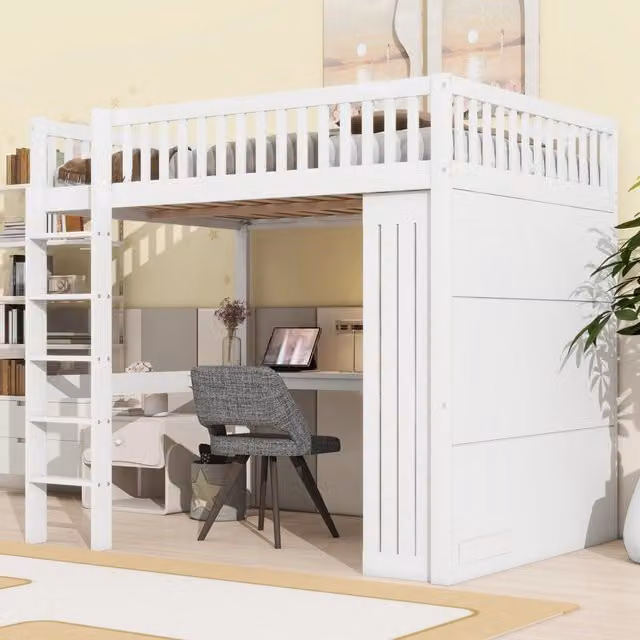 Letto a soppalco 140 x 200 cm rialzato con scrivania; armadio e cassetti; legno bianco per cameretta